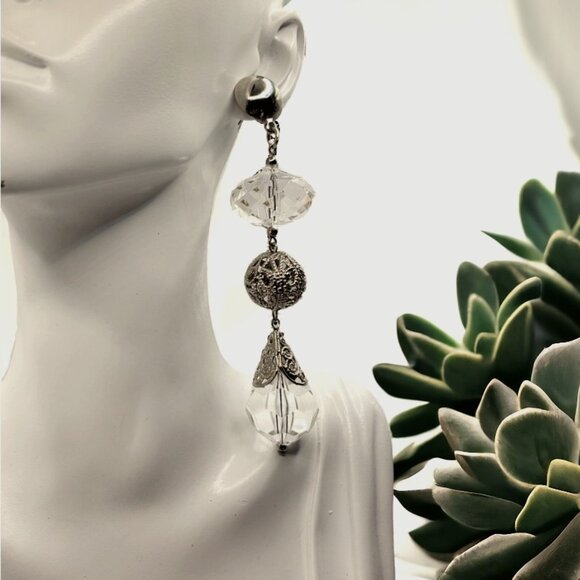 New OS Retro Disco Ball 4" Dangle Pierced Faux Crystal & Silver Tone Earrings - Picture 3 of 9